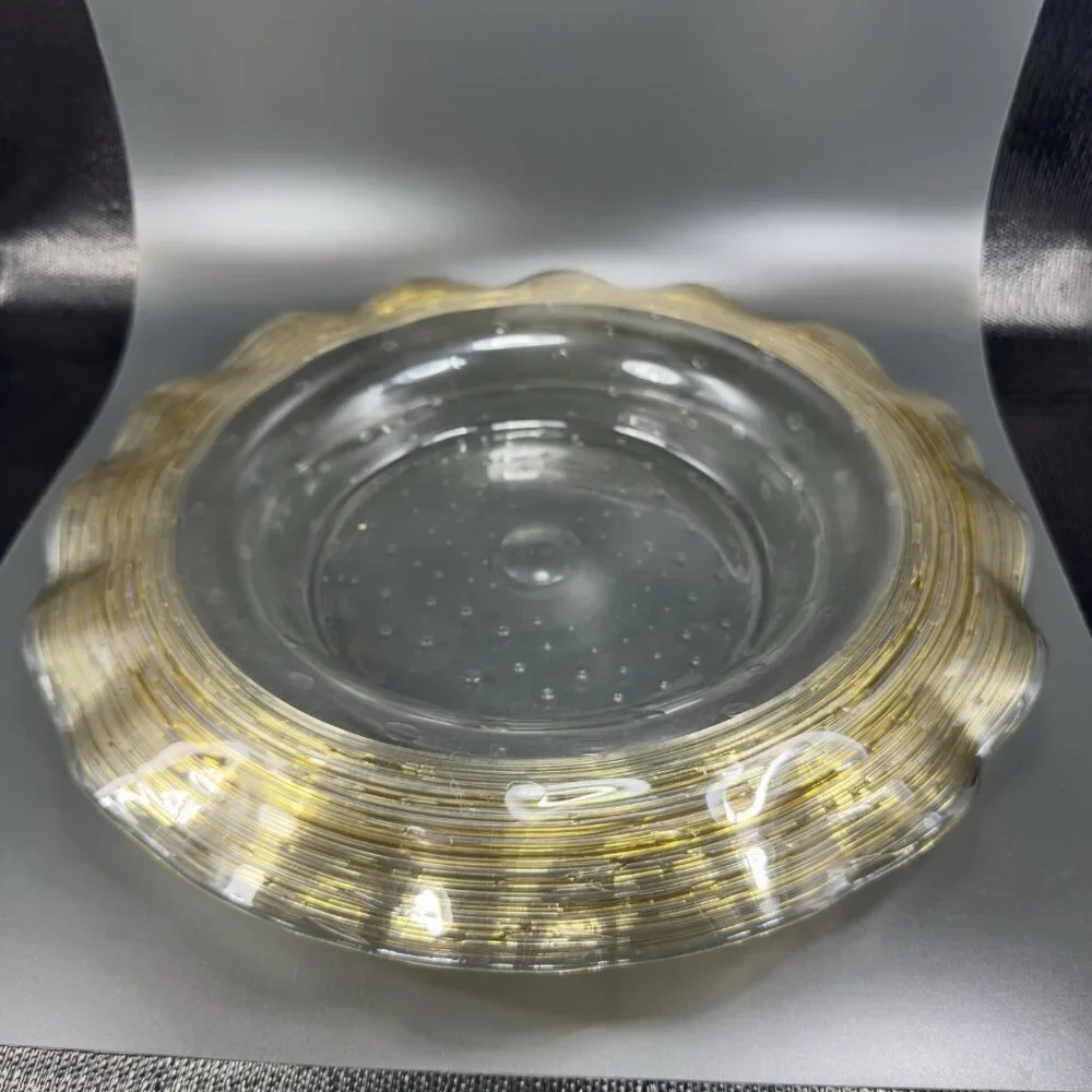 Frederick Carder Steuben Large Gold Reeded Threads Bowl Controlled Bubble 14inch